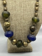 Vintage Blue Green Tumbled Glass Brass Beaded Necklace 24”
