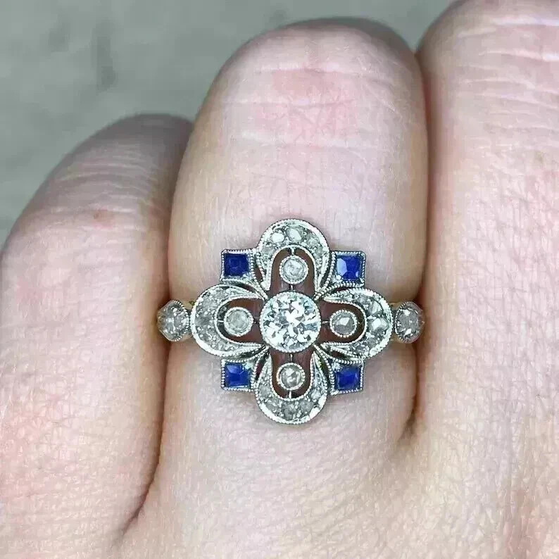 Art Deco Style Lab Created Diamond & Sapphire 14K Yellow Gold FN Engagement Ring