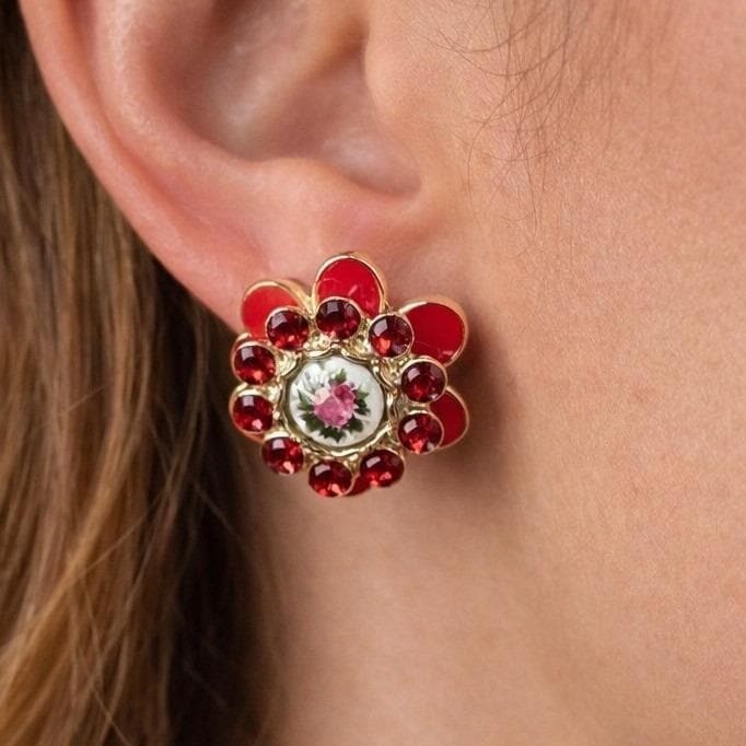 Vintage Red Floral Stud Earrings Rhinestone Rose Enamel Gold Tone