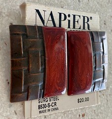 Napier Square Enamel Earrings Brown Red Basketweave Pierced Surgical Steel
