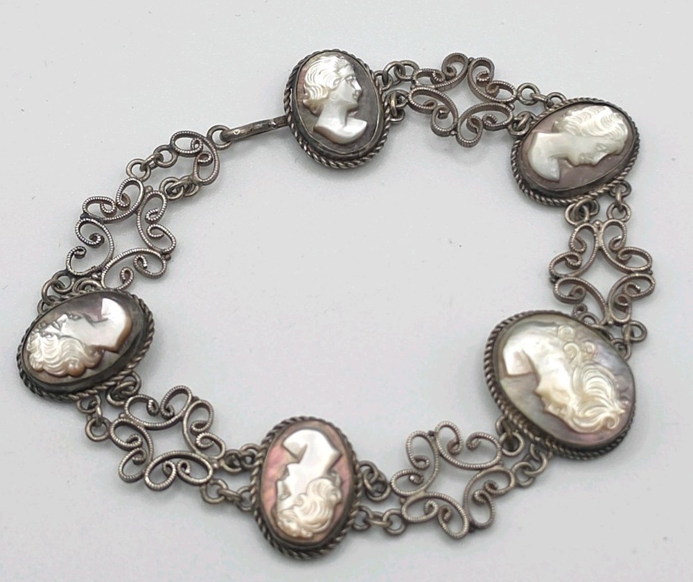 VTG 800 Silver Filigree Cameo Bracelet 7″ Mother of Pearl/Shell Carved