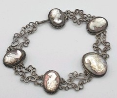 VTG 800 Silver Filigree Cameo Bracelet 7″ Mother of Pearl/Shell Carved