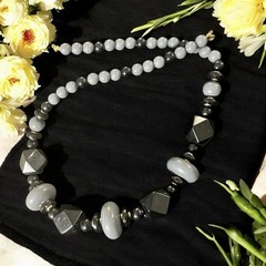 Vintage Modernist Geometric Chunky Statement 24”Necklace Black Gray Gold 1980s