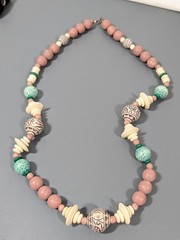 Vintage Green Cream Beaded necklace Boho Tribal Style 26 in