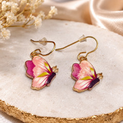 Pink Purple Enamel Butterfly Dangle Earrings Gold Tone French Hook 21mm Vintage