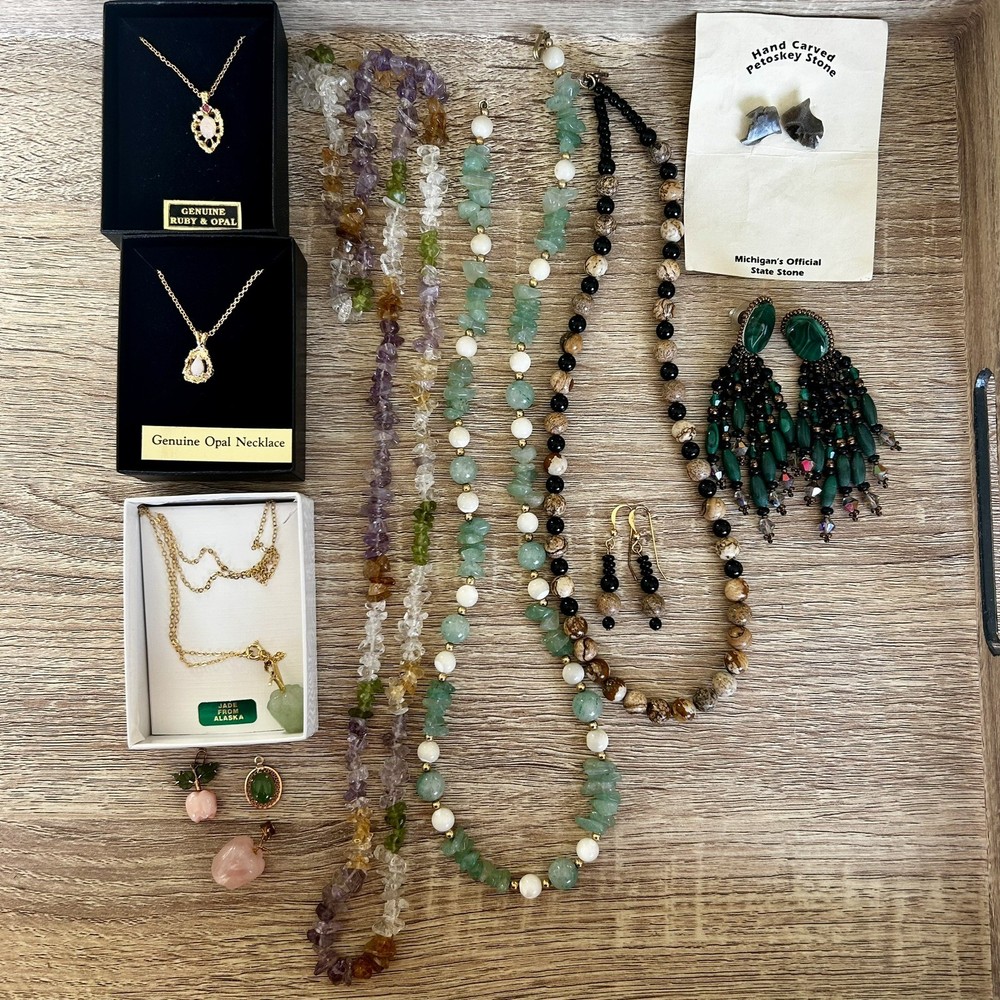 Personal Collection Vintage Crystal Jewelry Lot Opal Jade Malachite Necklaces
