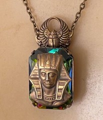 Egyptian Revival Necklace King Tut Pharaoh Pendant Iridescent Rhinestone Scarab