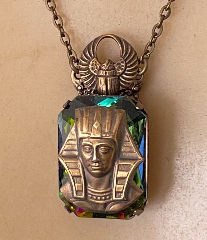 Egyptian Revival Necklace King Tut Pharaoh Pendant Iridescent Rhinestone Scarab