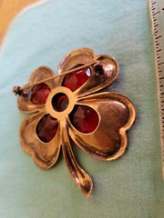 Sterling & Red Stones Four Heart Petals Flower Brooch Pin