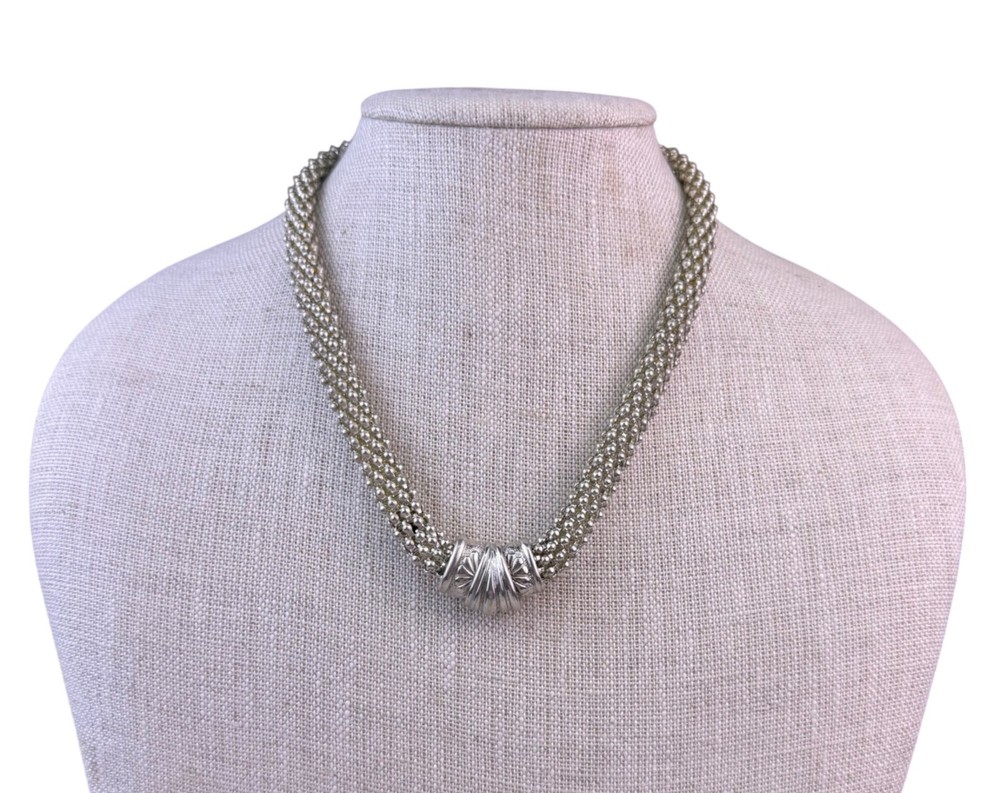 Vintage Silver Tone Mesh Choker Necklace Elegant Sculpted Bead Detail