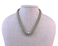 Vintage Silver Tone Mesh Choker Necklace Elegant Sculpted Bead Detail