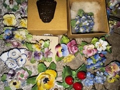 Vtg Jewelry Lot Signed English Fine Bone China Flower Art Brooch Earring Garden