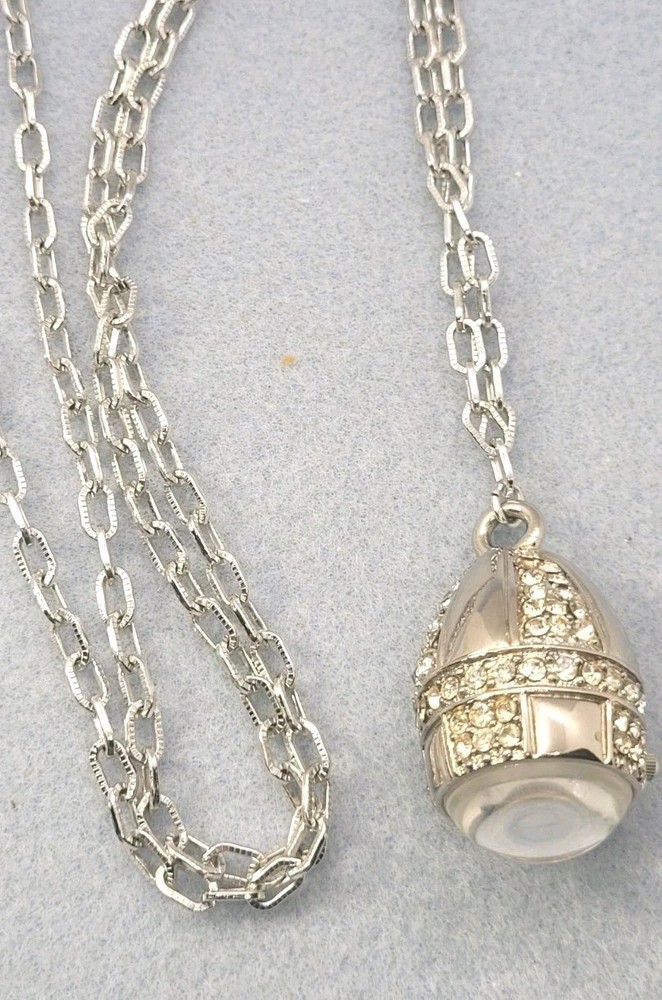 Silver-tone Fabergé egg-style Watch pendant Crown TRIFARY necklace 32in.