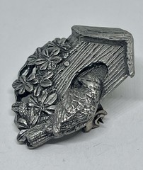 Vintage Birds & Blooms Bird House Brooch Pin in Pewter Limited Edition 1997
