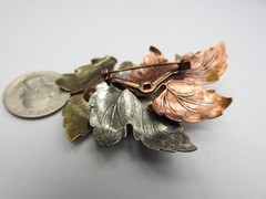 Copper Brass Silver Plated Metal Triple Leaf Brooch Vintage