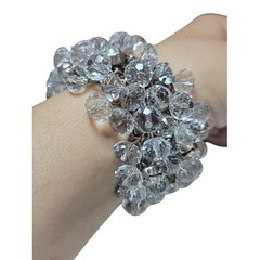 Vintage Clear Faceted Bead Cluster Bracelet Silver Tone Cha Cha Style Toggle 7.5