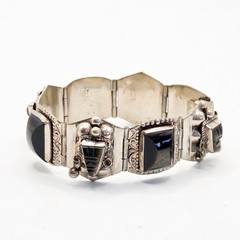 Vintage Mexican Alpaca Silver Obsidian Mask Panel Link Bracelet Hecho En Mexico
