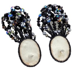 Vintage Peacock Abalone Shell Aurora Borealis Crystal French Jet Bead Earrings