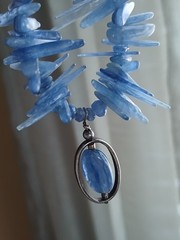 Vtg Natural Raw Blue Kyanite Stick Beaded Sterling Silver Necklace Pendant 19″