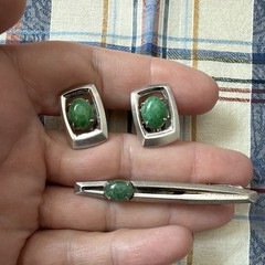 Vintage Sun Eagle Cufflinks and Tie Clip Set Silver Tone Green Cabochon Men’s