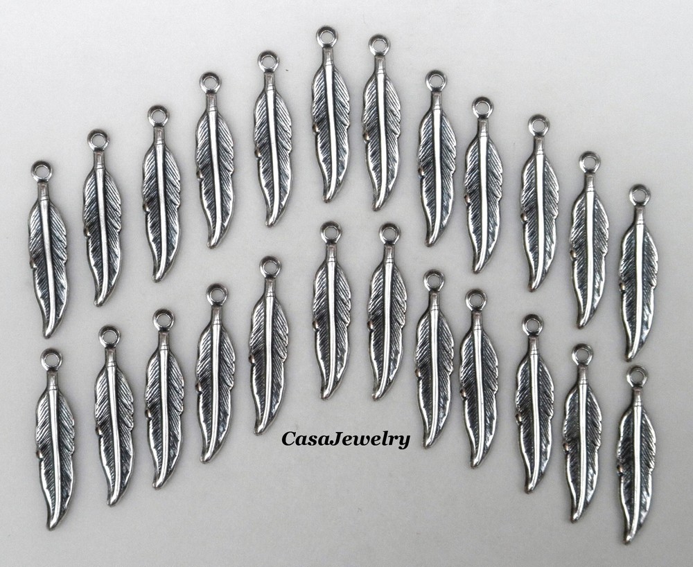 #1148 MINI ANTIQUED STERLING SILVER PLATED FEATHER W/TOP HANG RING – 24 Pc Lot