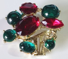 Vtg Gold-tone Flower Basket Brooch w/ Green Translucent Cabs & Red Rhinestones