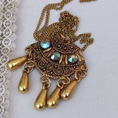 Vintage Necklace Gold Tone Aurora Borealis Chandelier Bohemian Oriental Ethnic