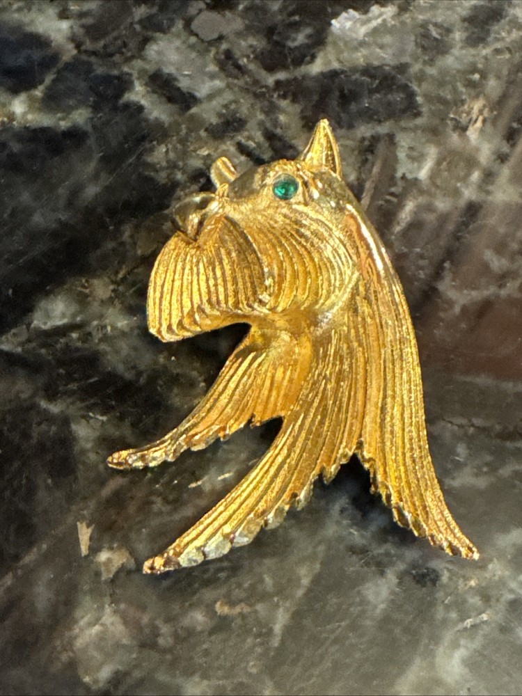 Vntg Lind Gal Scottie Dog Scottish Terrier Head Brooch Gold Tone Green Eyes NOS