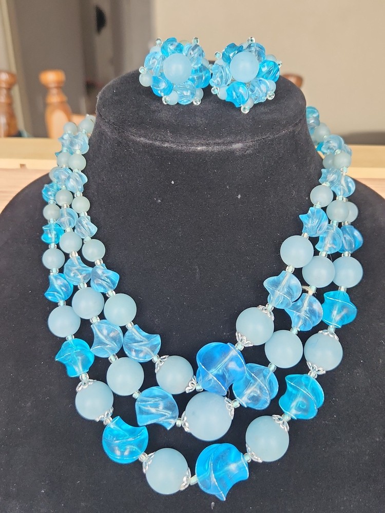 Vtg W Germany Light Blue AB Beads Triple Strand Necklace & Clip On Earring Set