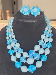 Vtg W Germany Light Blue AB Beads Triple Strand Necklace & Clip On Earring Set