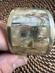 Vintage Mexico Alpaca Silver Abalone Mother of Pearl Floral Inlay Cuff Bracelet