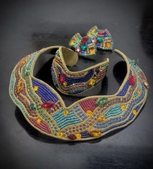Vtg 1989 Signed M&J Hansen Brass Rhinestone Collar Necklace, Bracelet, Earrings