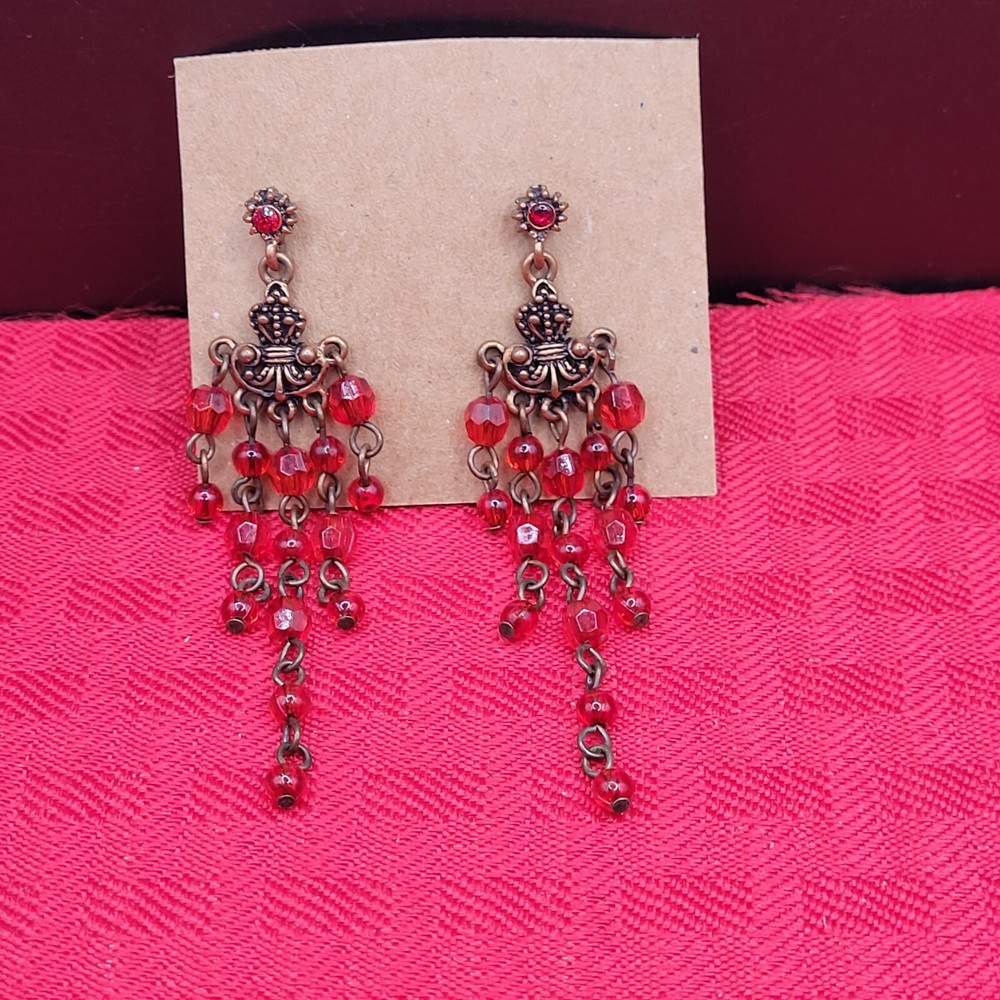 Ornate Red and Copper Chandelier Post Dangle Shoulder Duster Earrings 2.5″