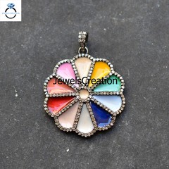Natural Pave Diamond Multi Enamel Flower Pendant 16″ Link Chain 925 Silver Gift