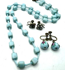Lot Vtg Deco Czech Aqua Glass Cube Bead Necklace & Murano & JMS 1/20 GF Earrings