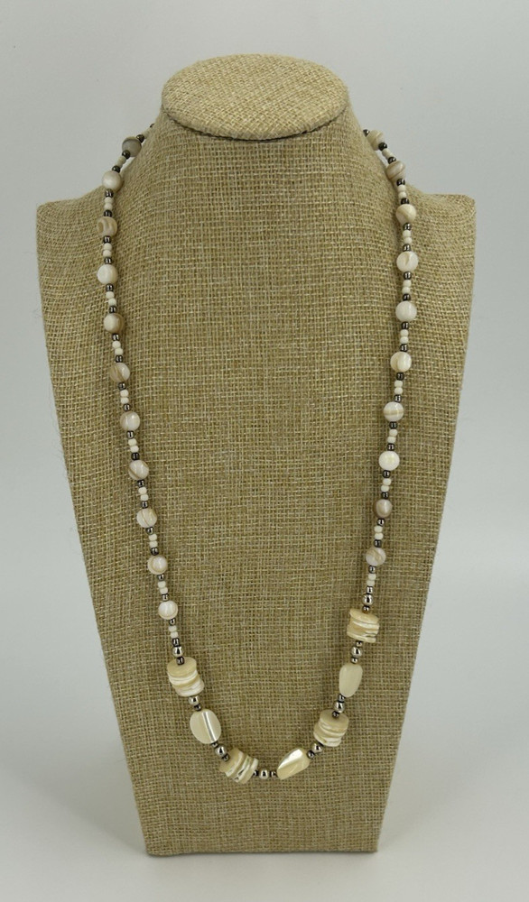 Vintage MOP Mother of Pearl & natural Stone Agate Bead Necklace Chrome Shiny 44″