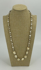 Vintage MOP Mother of Pearl & natural Stone Agate Bead Necklace Chrome Shiny 44″
