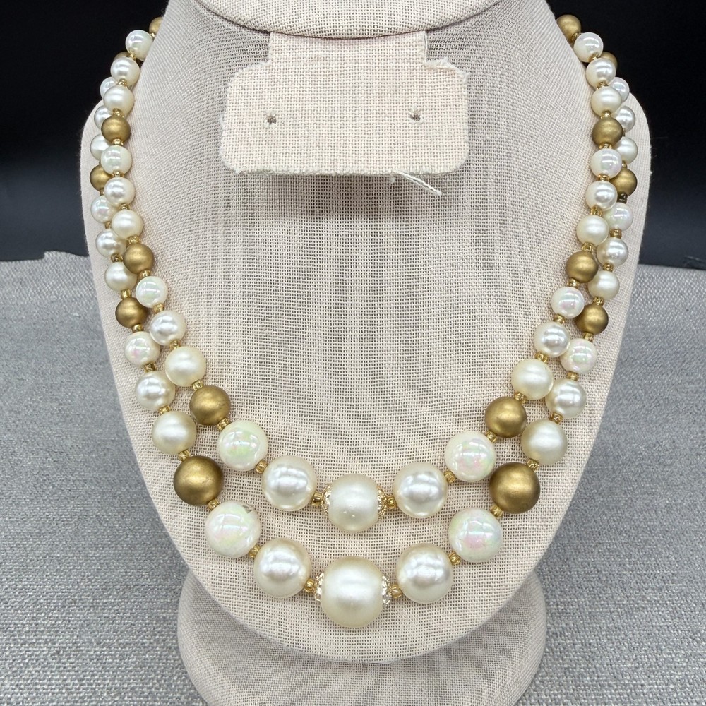 Vintage Necklace Acrylic Double Strand Gold Tone Imitation Pearl 17 Inches