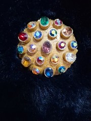 Vintage Beautiful Multicolored Crystal Round Goldtone Brooch Signed ART