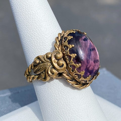 Vintage Ring Czech Glass Purple Cabochon Twisted Brass Adjustable Filigree Bezel