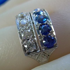 Original EARTH MINED DIAMOND SAPPHIRE Deco Statement Ring PLATINUM Filigree Band