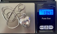 Vintage Sterling Silver Heart Bell Necklace, 8.5in Diamond-Cut Flat Curb Chain