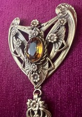 GOLDTONE ART NOUVEAU 5” FABULOUS ORNATE FLORAL BROOCH TOPAZ COLOR STONE W/TASSEL