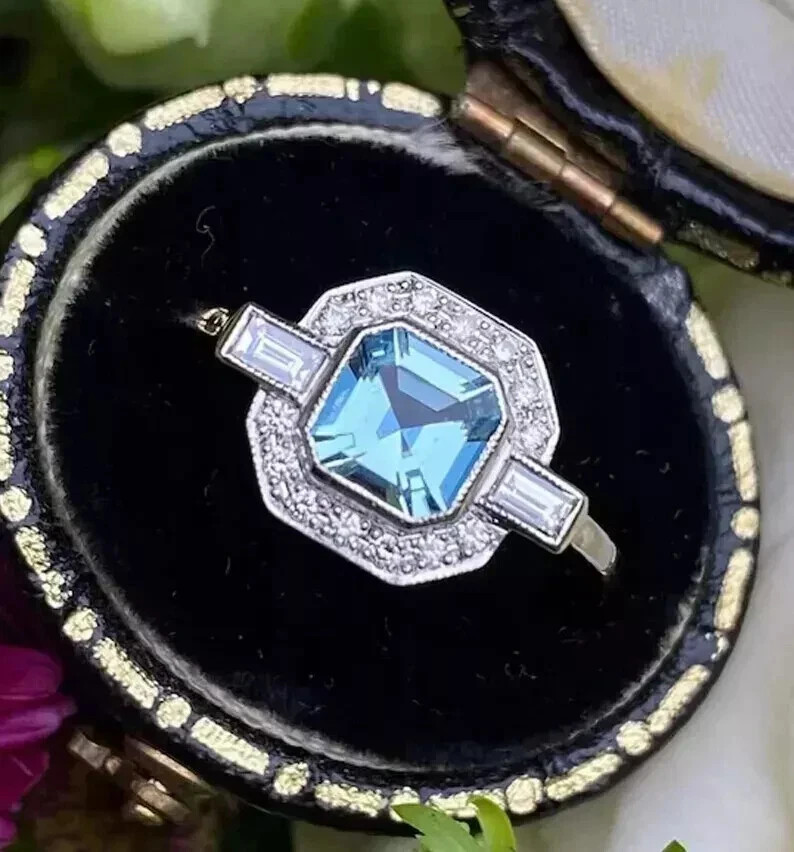Art Deco Style 14K White Gold FN Aquamarine Lab Created Diamond Engagement Ring