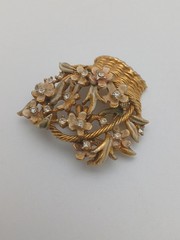 MY FAIR LADY BSK goldtone pink enamel clear stones SPRING flower basket brooch