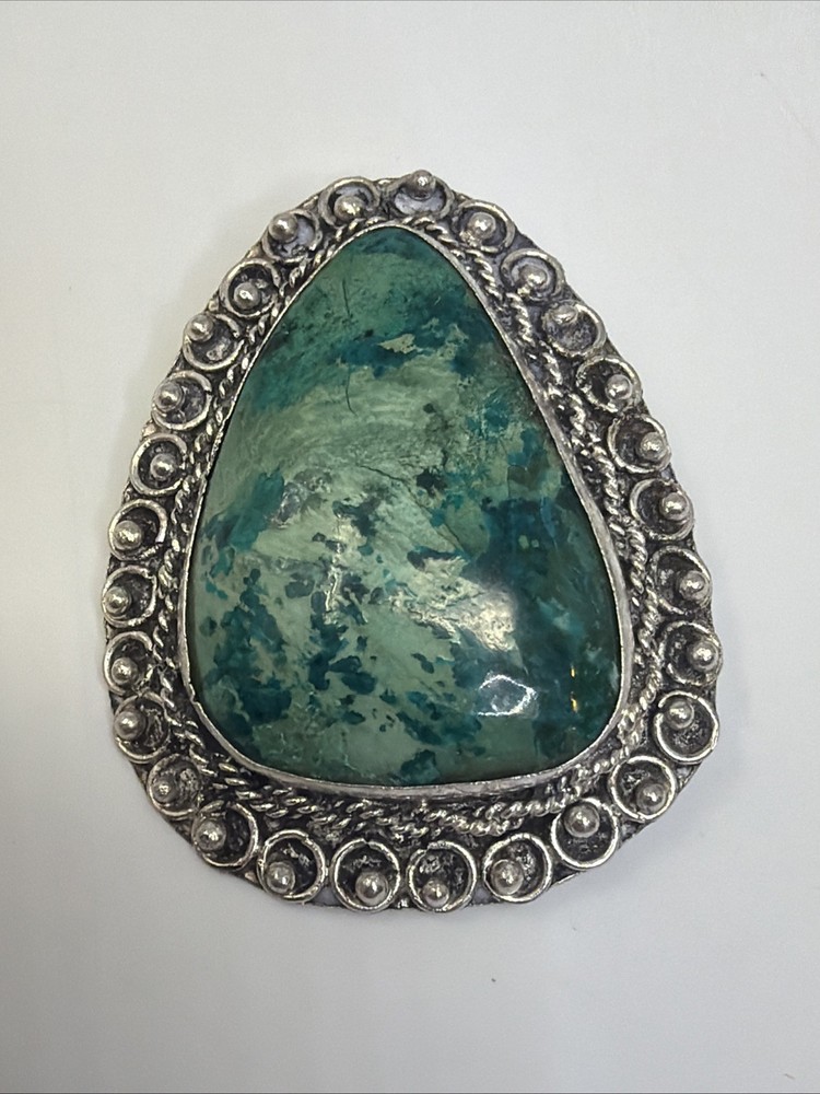 Vintage Israel 935 Large Sterling Silver Green Chrysocolla Pendant Brooch Signed