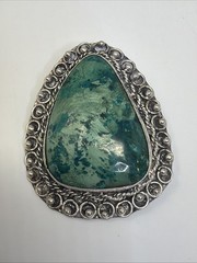 Vintage Israel 935 Large Sterling Silver Green Chrysocolla Pendant Brooch Signed