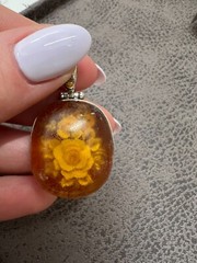 Vintage Baltic Amber Pendant Sterling Silver 925 Round Shape Flower