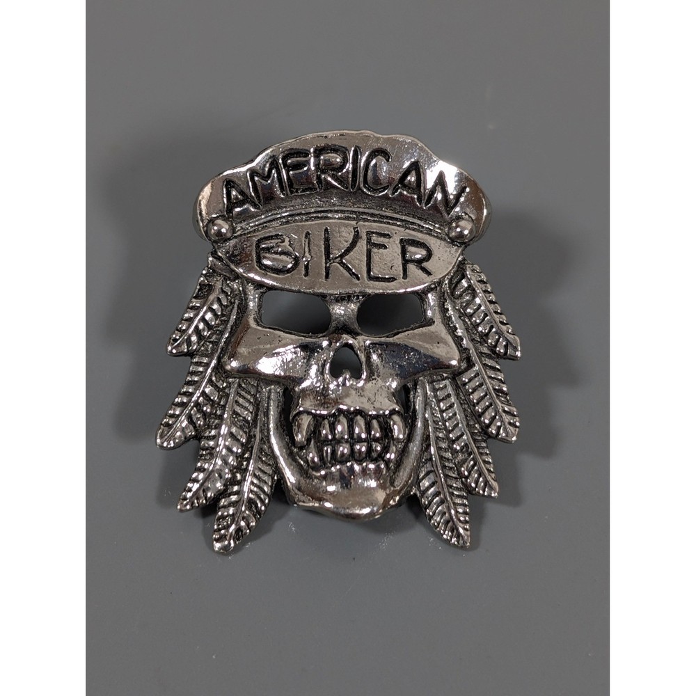 Vintage American Biker Skull Pin 3D Silver Tone Hat Lapel 1992 USA