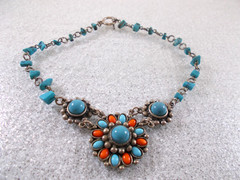 Tribal Boho Ethnic faux Turquoise Coral Cluster Medallion Choker Necklace